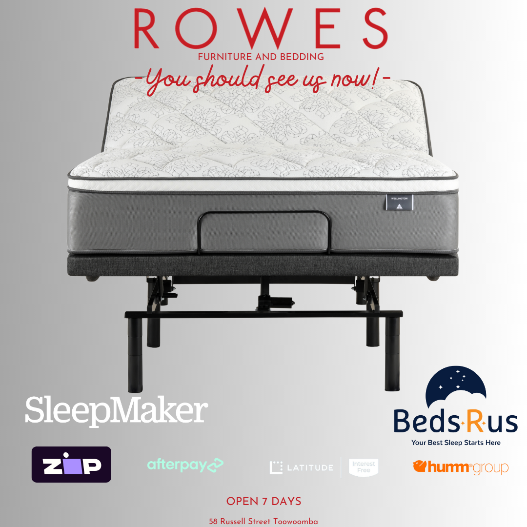Mattress on a stand with promotional text and logos for SleepMaker and Beds R Us on a gray background.