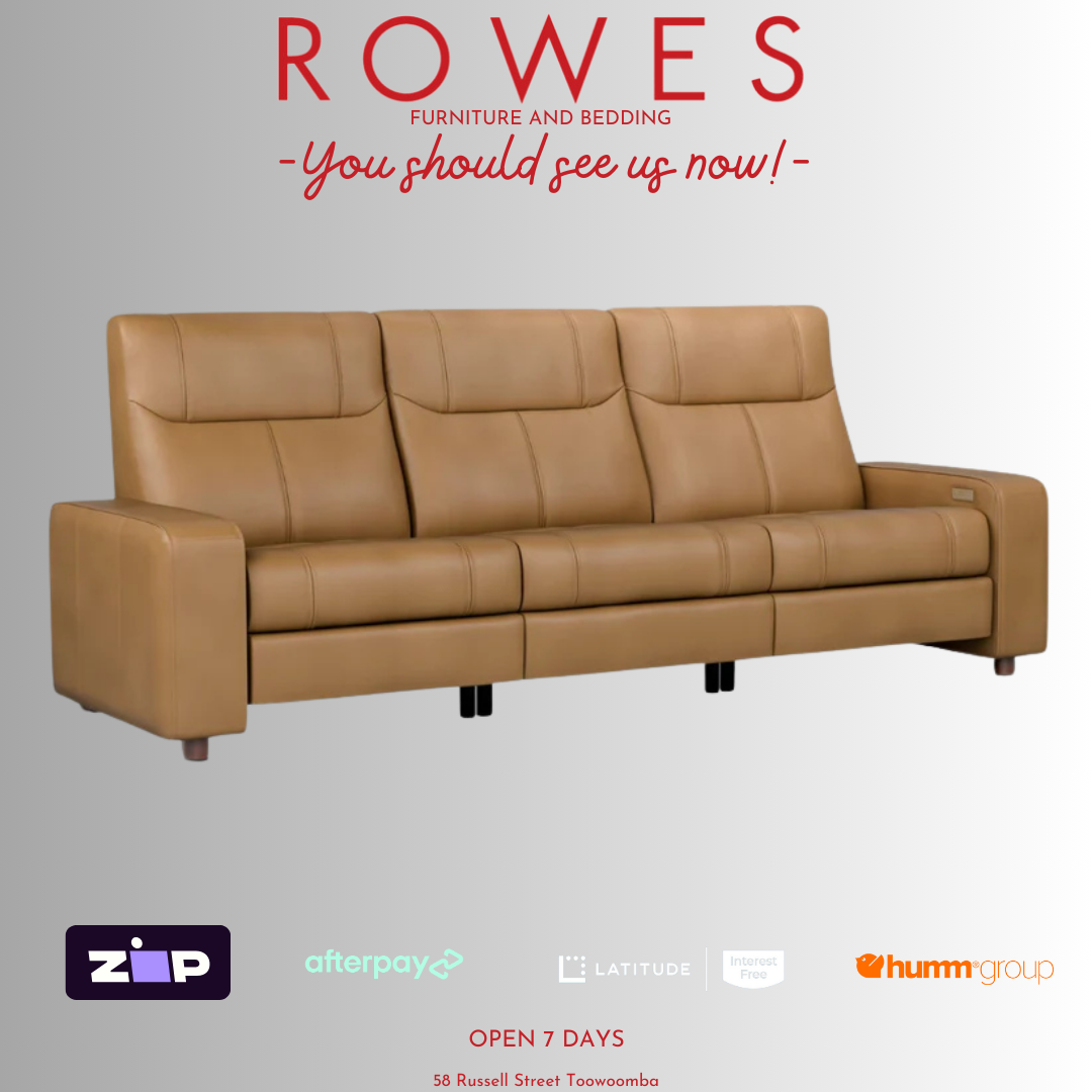 Leather 3 seat sofa set against a grey background featuring Rowes branding.