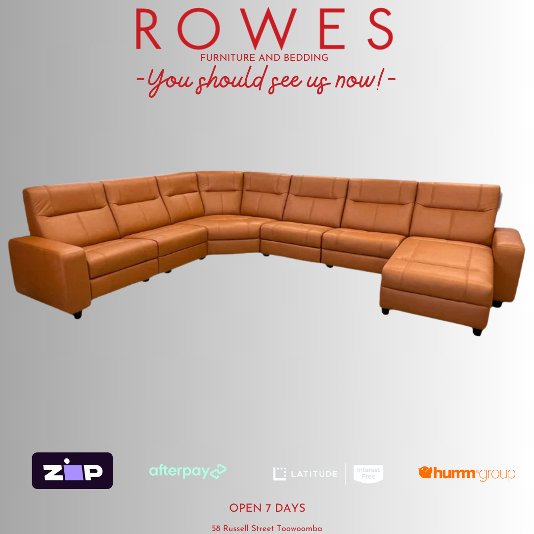 Leather Modular sofa set against a grey background featuring Rowes branding
