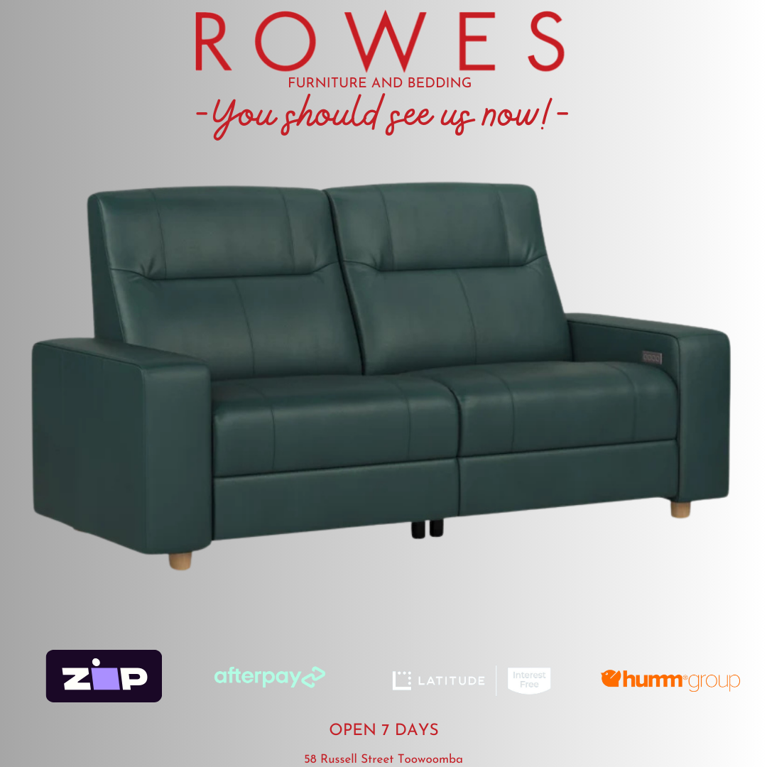 Leather 2 seat sofa set against a grey background featuring Rowes branding.