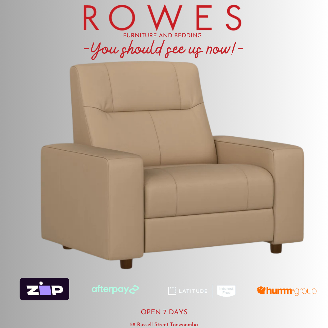 Leather Armchair against a grey background featuring payment options and Rowes branding.
