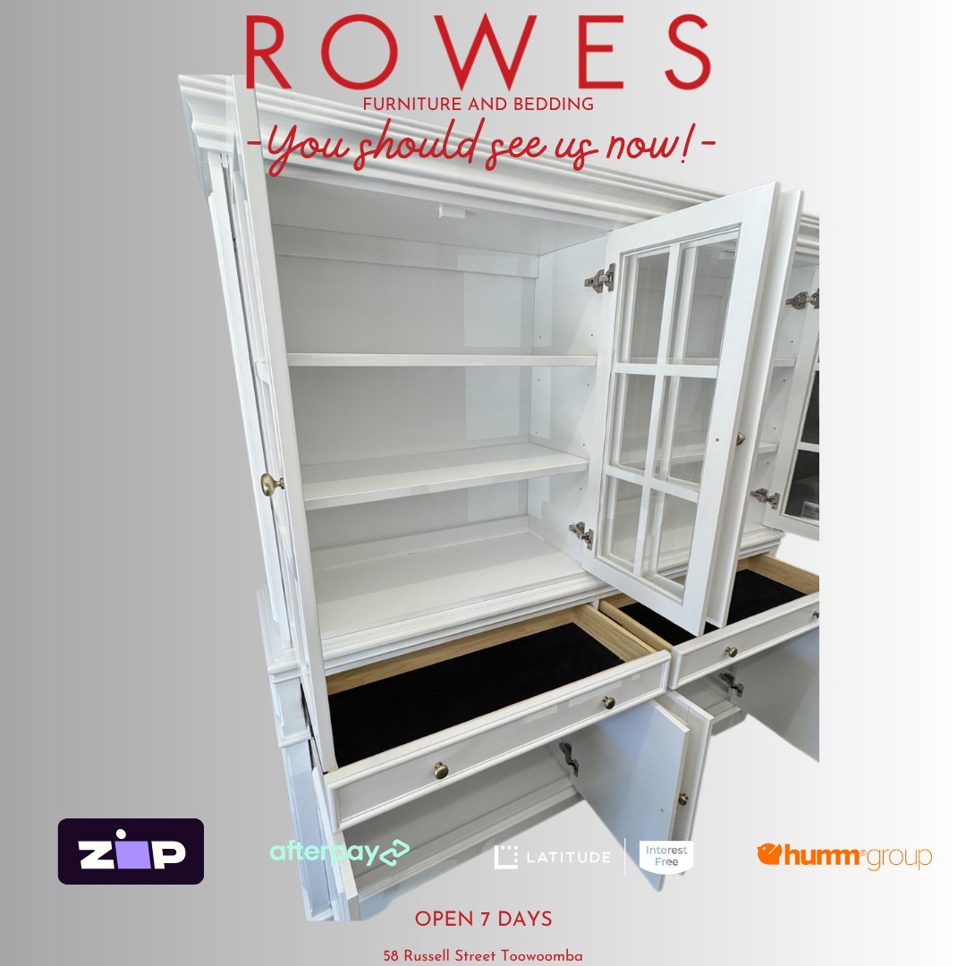 White cabinet with open doors on a gray background, featuring promotional text and logos.