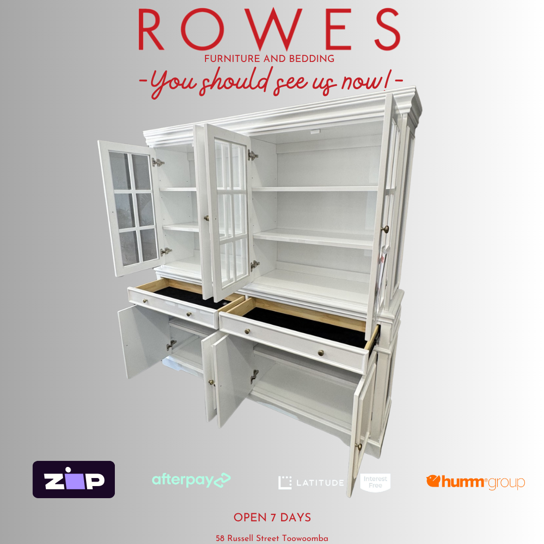 White cabinet with open doors on a gray background, featuring 'Rowes Furniture and Bedding' text.