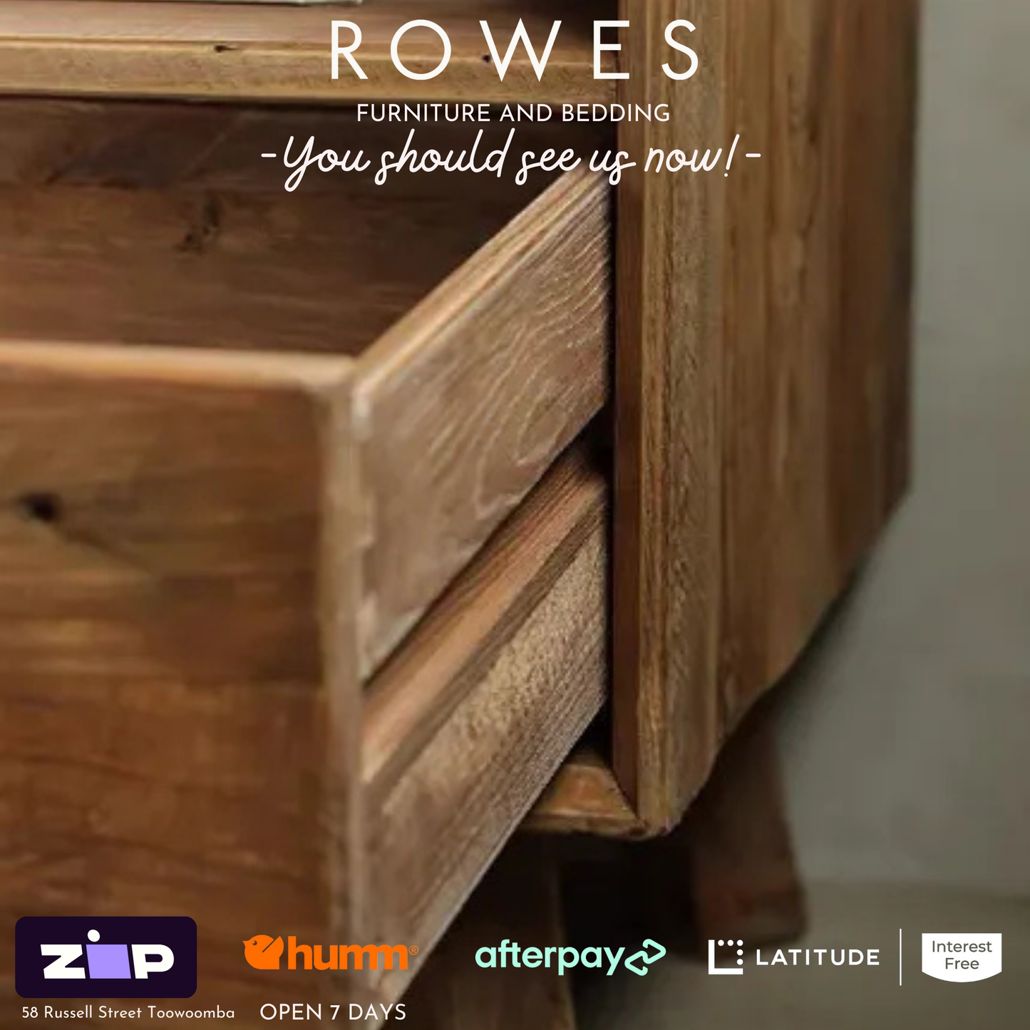 A chunky recycled pine bedside table with one drawer and one niche, featuring a natural wood finish.