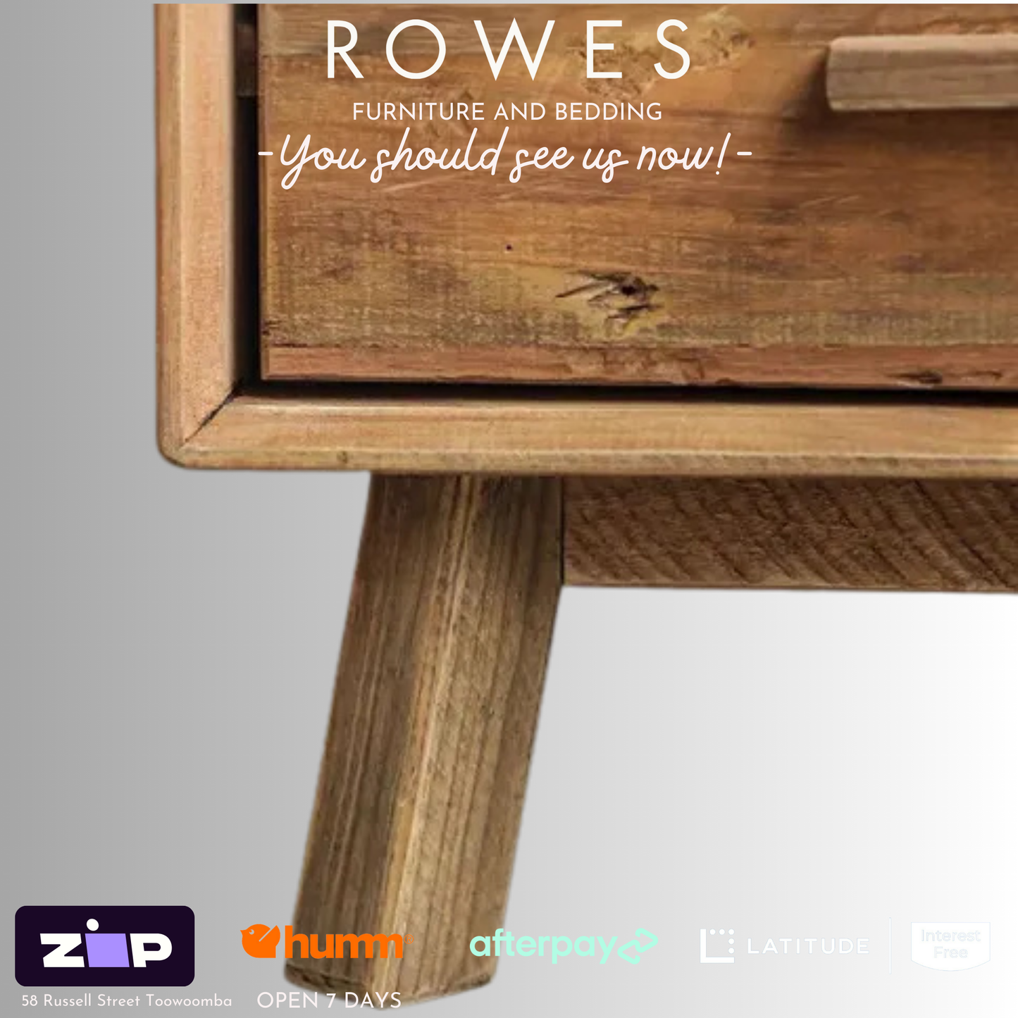 A chunky recycled pine bedside table with one drawer and one niche, featuring a natural wood finish.