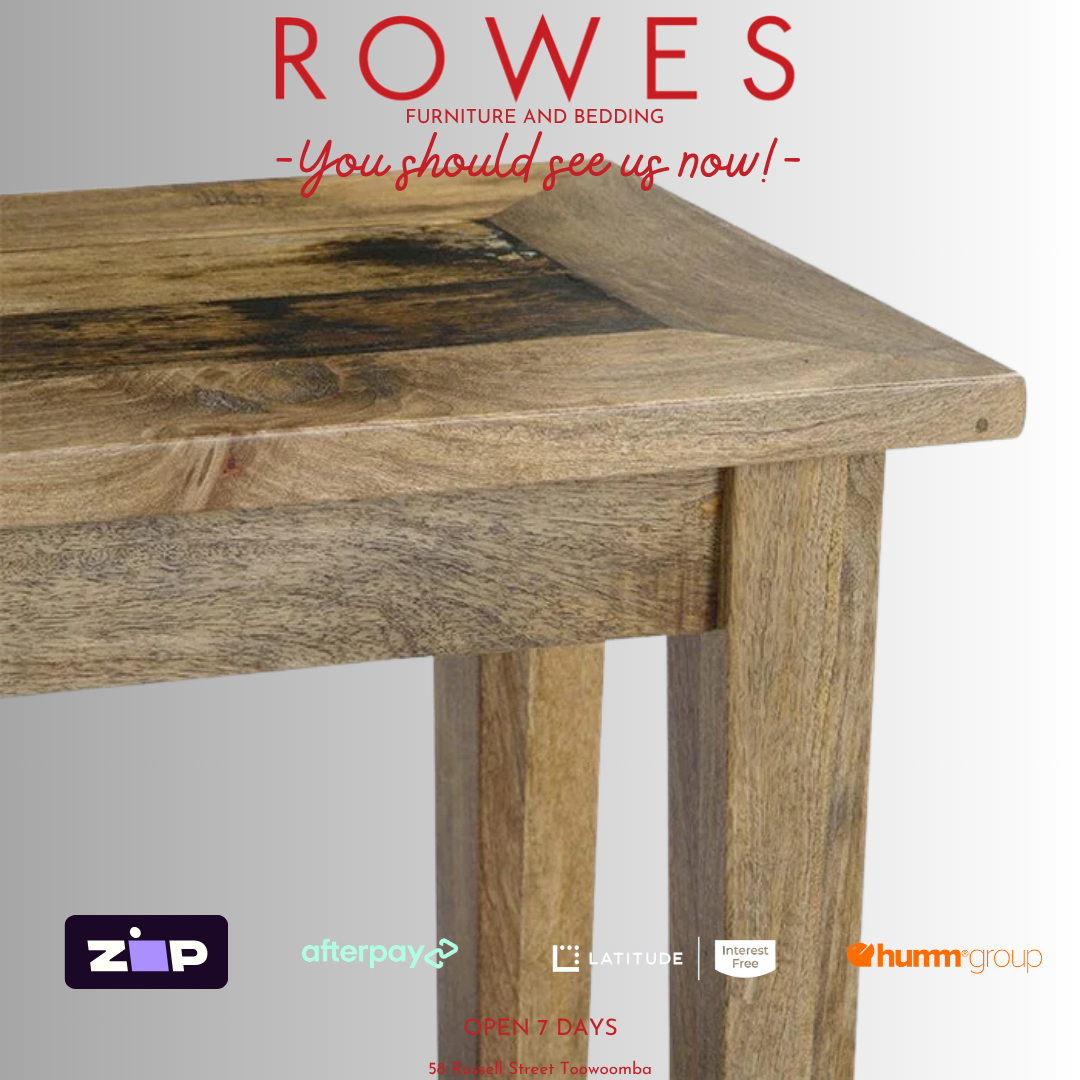 Wooden bench seat on a white background with 'Rowes' branding and payment options displayed.