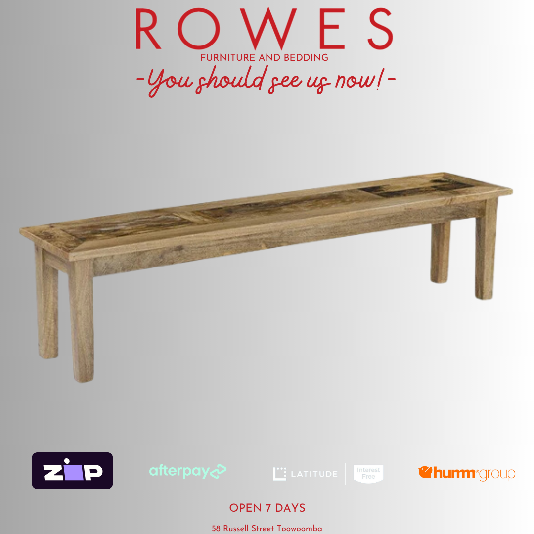 Wooden bench seat on a white background with 'Rowes' branding and payment options displayed.