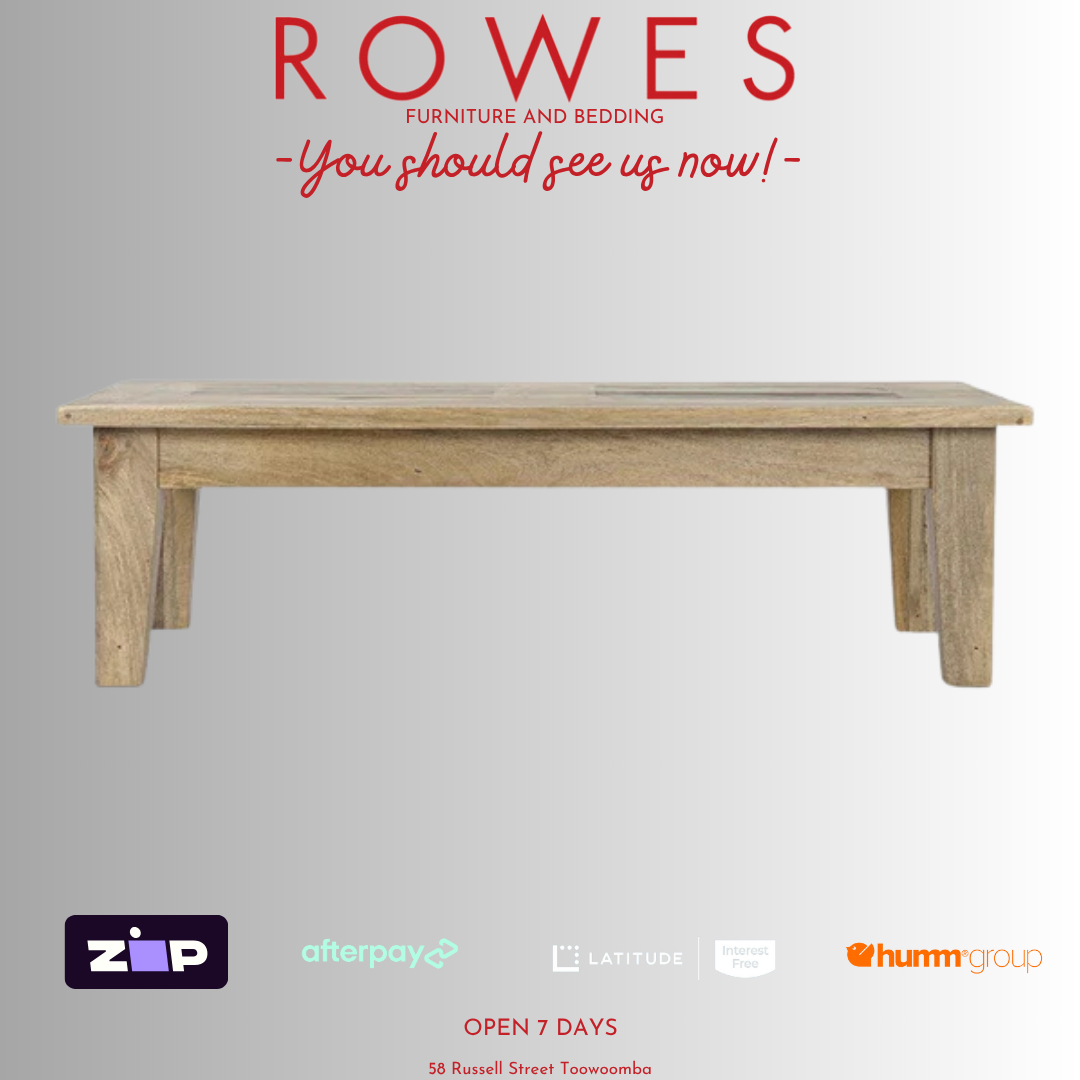 Wooden table on a gray background with 'Rowes' branding and payment options displayed.