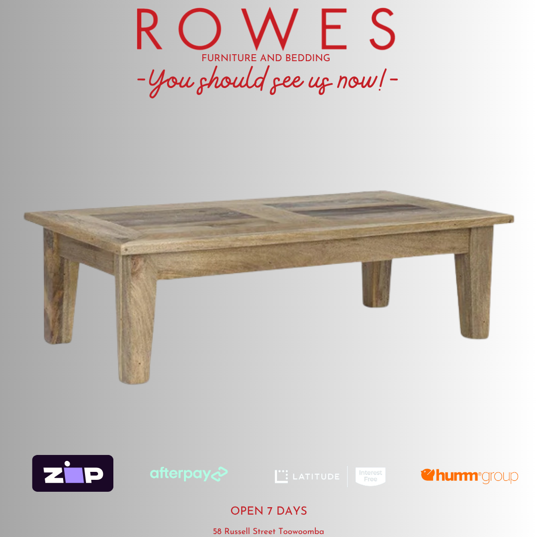 Wooden table on a gray background with 'Rowes' branding and payment options.
