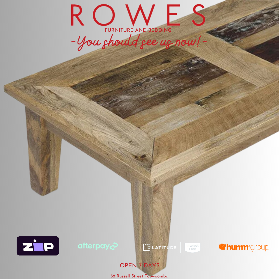Wooden coffee table with 'Rowes' branding and payment options on a gray background