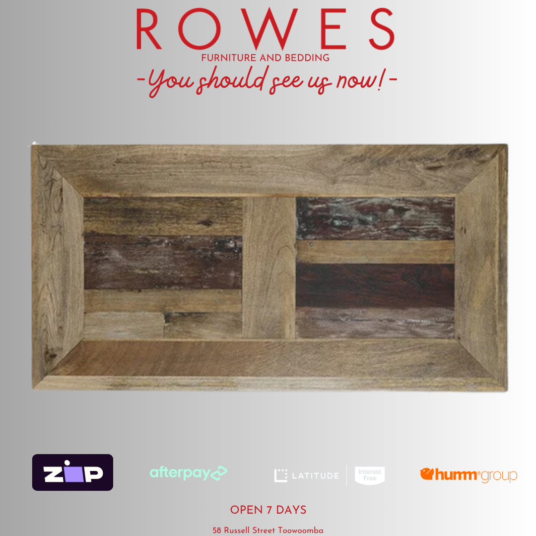Wooden frame with 'Rowes Furniture and Bedding' advertisement on a gray background