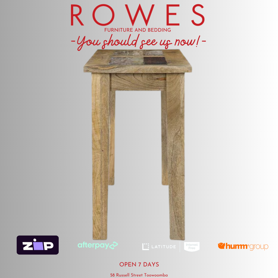 Wooden side table with 'Rowes' branding and promotional text on a gray background
