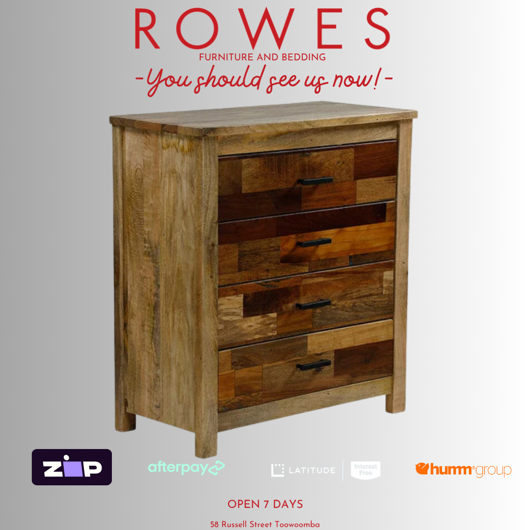 Wooden dresser with 'Rowes Furniture and Bedding' text and logos on a gray background