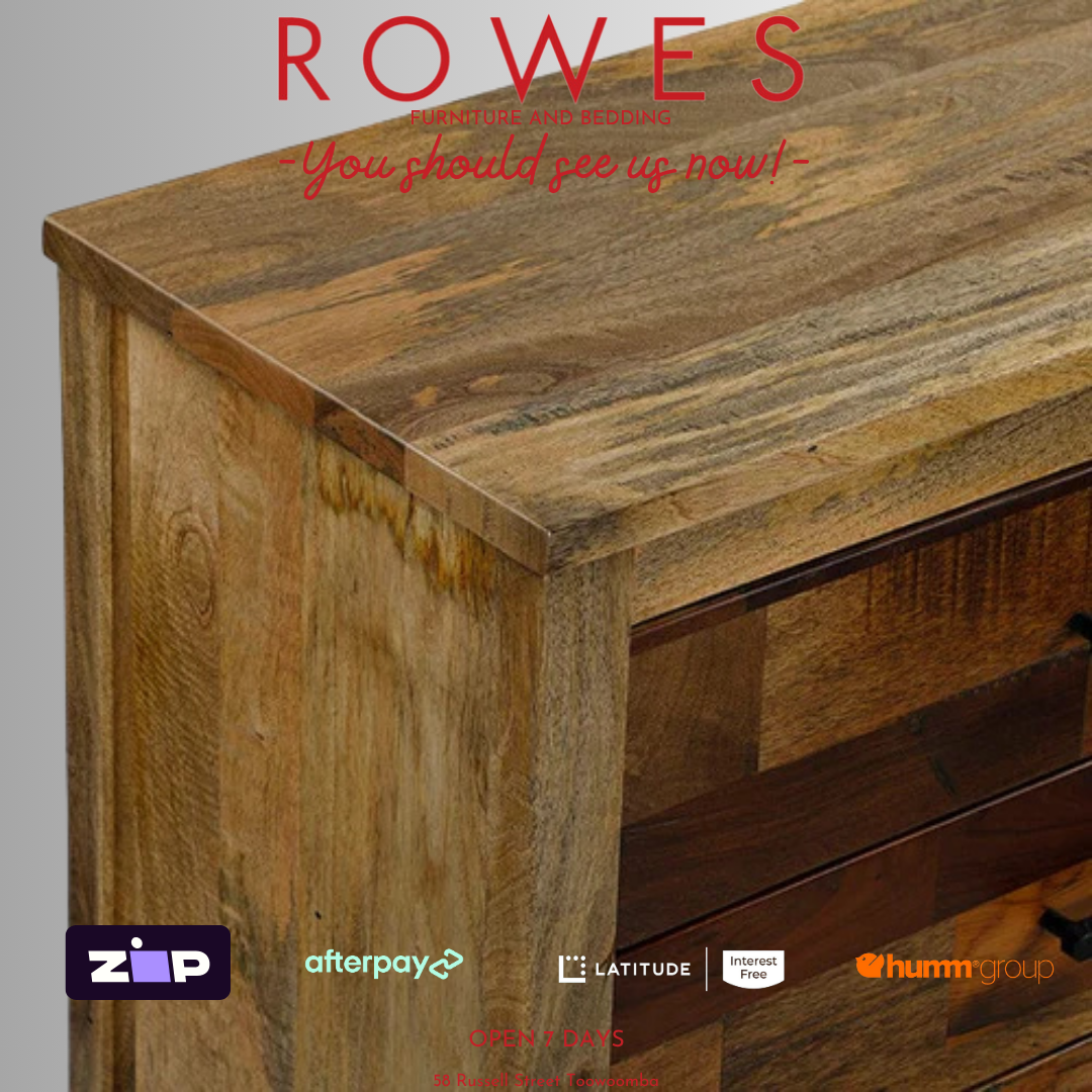 Wooden furniture with 'Rowes' branding and payment options displayed.