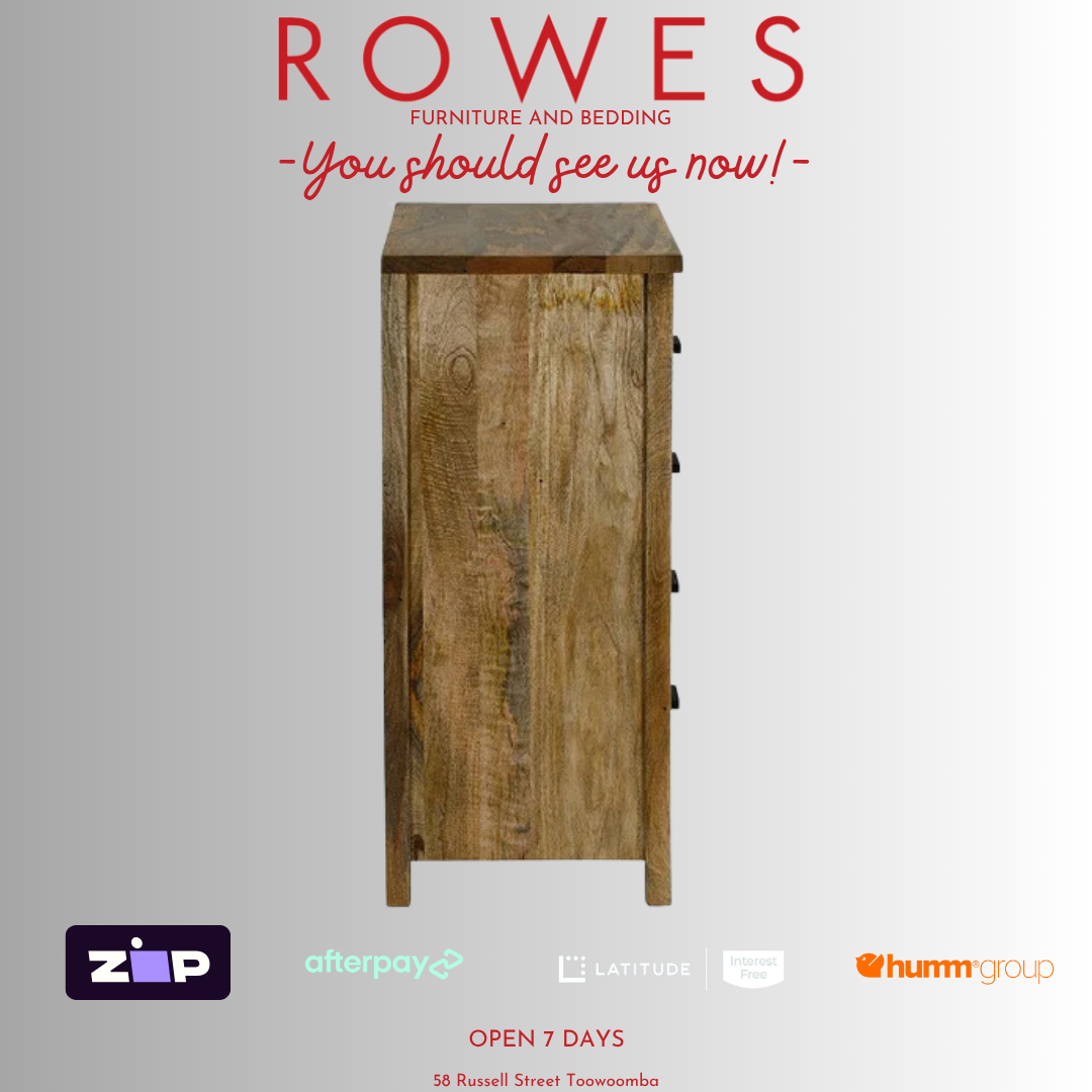Wooden side table with 'Rowes' branding and promotional text on a gray background