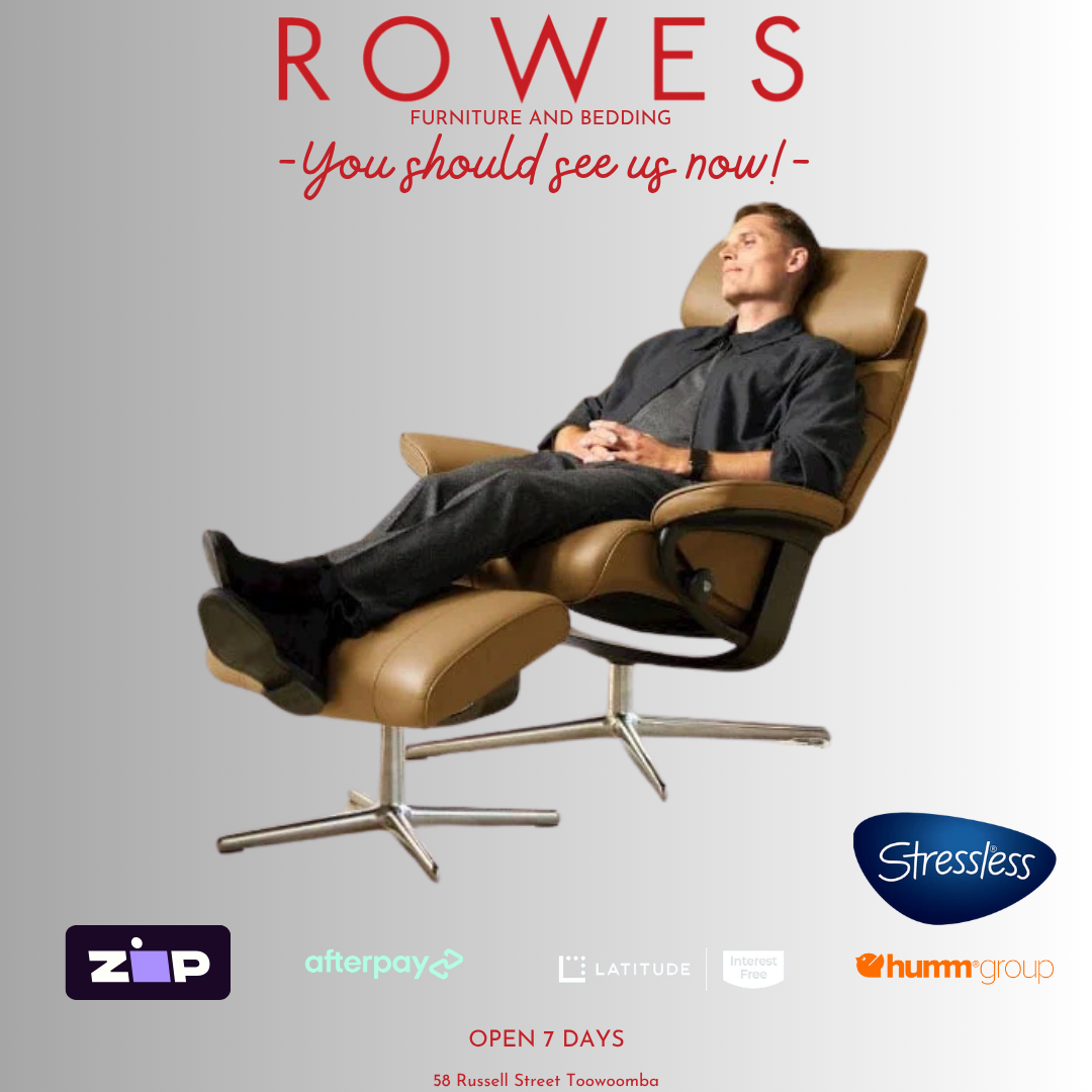 Man relaxing in a Stressless chair with 'Rowes Furniture and Bedding' advertisement.
