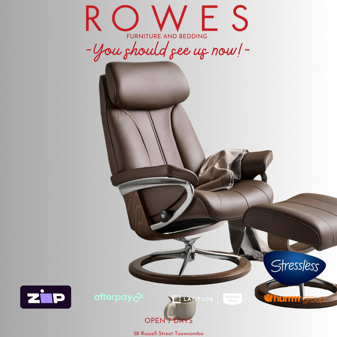 Brown recliner chair with ottoman on a gray background, featuring the Stressless brand.