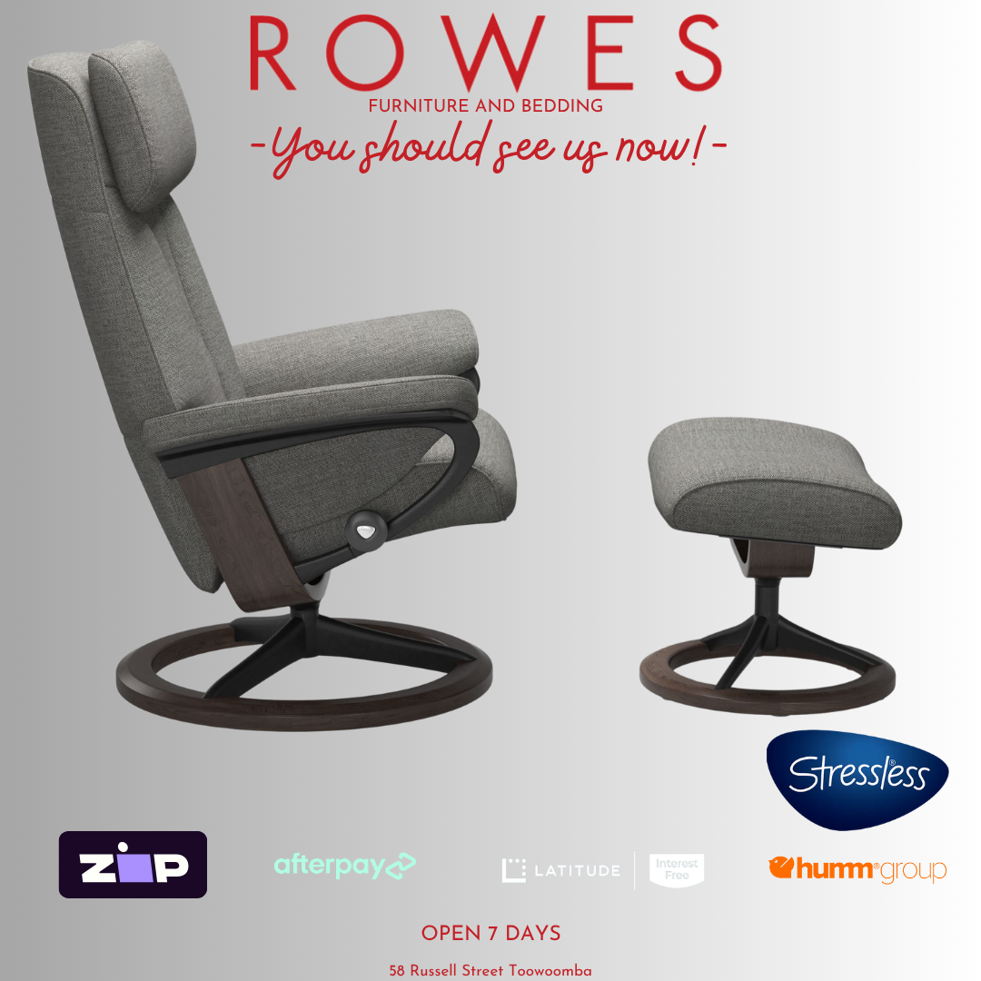 Gray recliner chair and ottoman with 'Rowes' branding and promotional text on a light gray background.