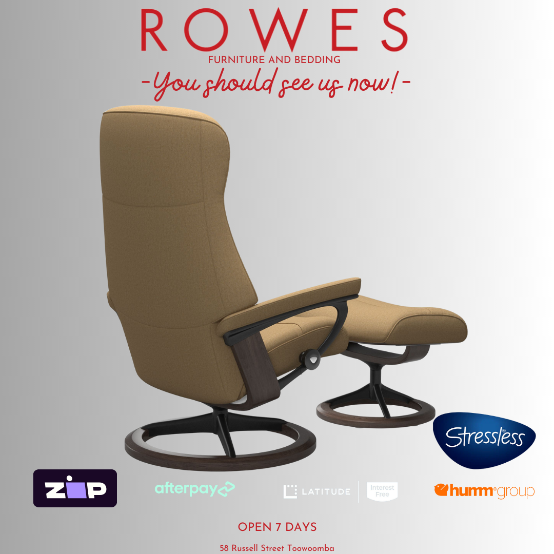Brown recliner chair with 'Rowes' branding and 'Stressless' logo on a gray background.
