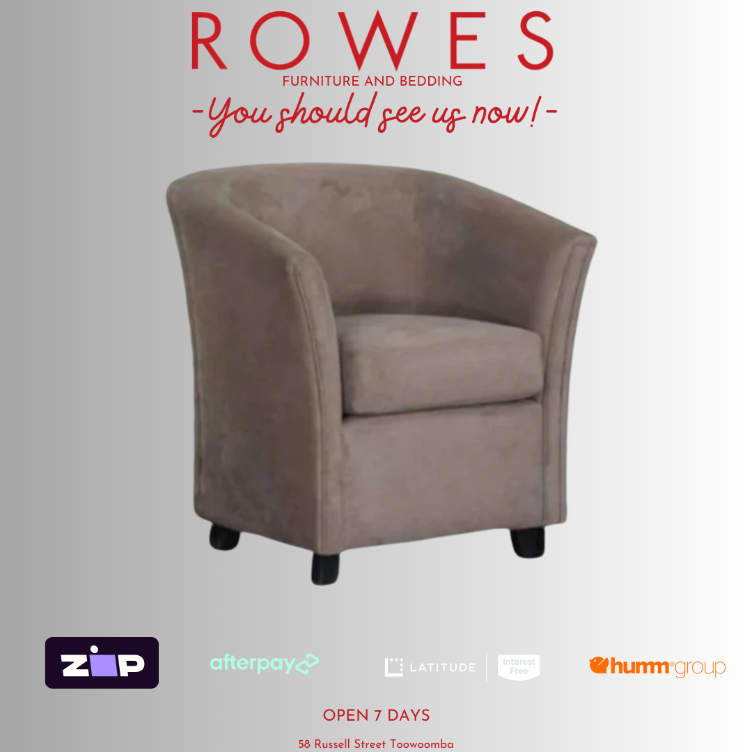 A fabric armchair with classic piping on a grey background featuring the Rowes branding.