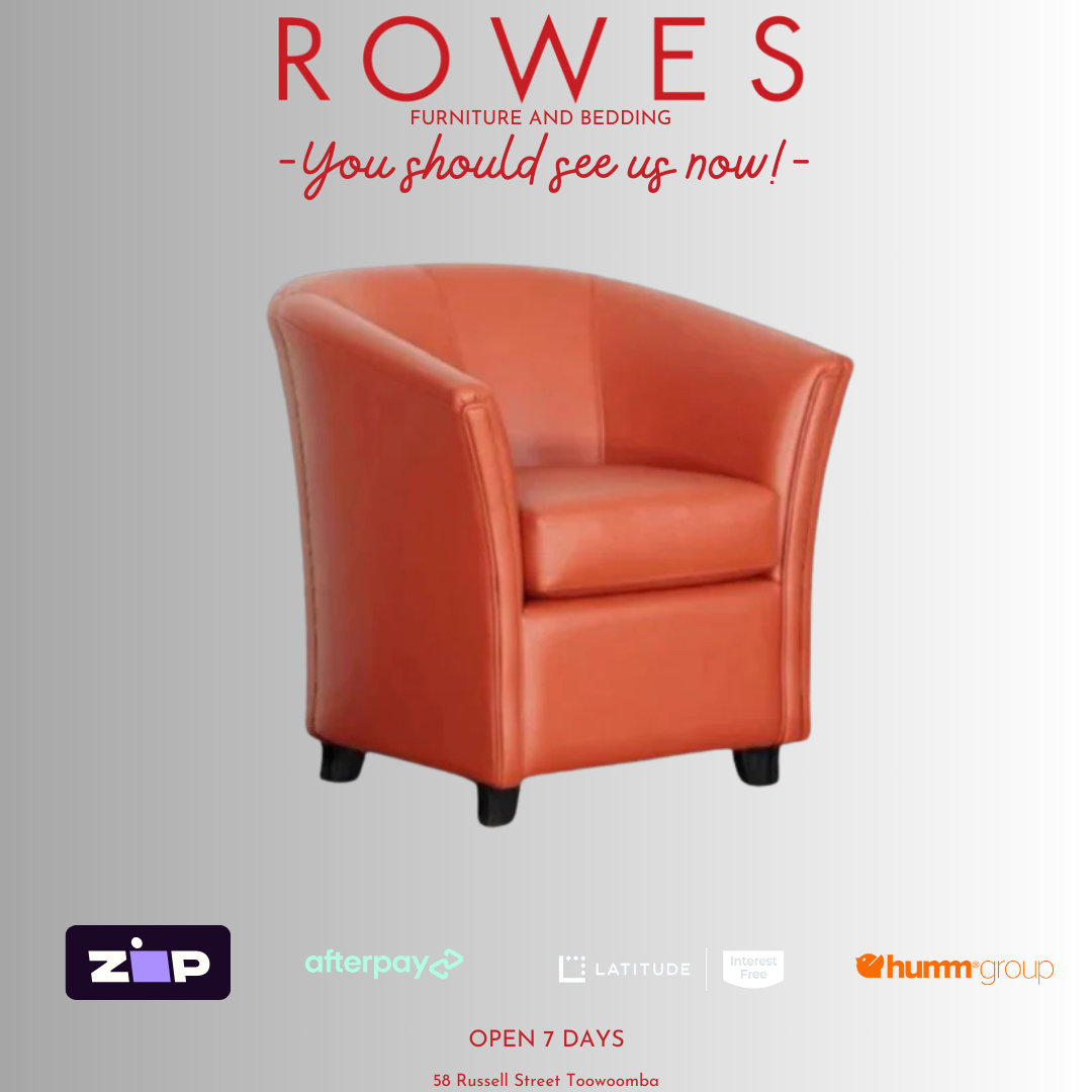An orange tub chair with timber legs and elegant piping, displayed with the Rowes Furniture and Bedding logo and brand contact information.