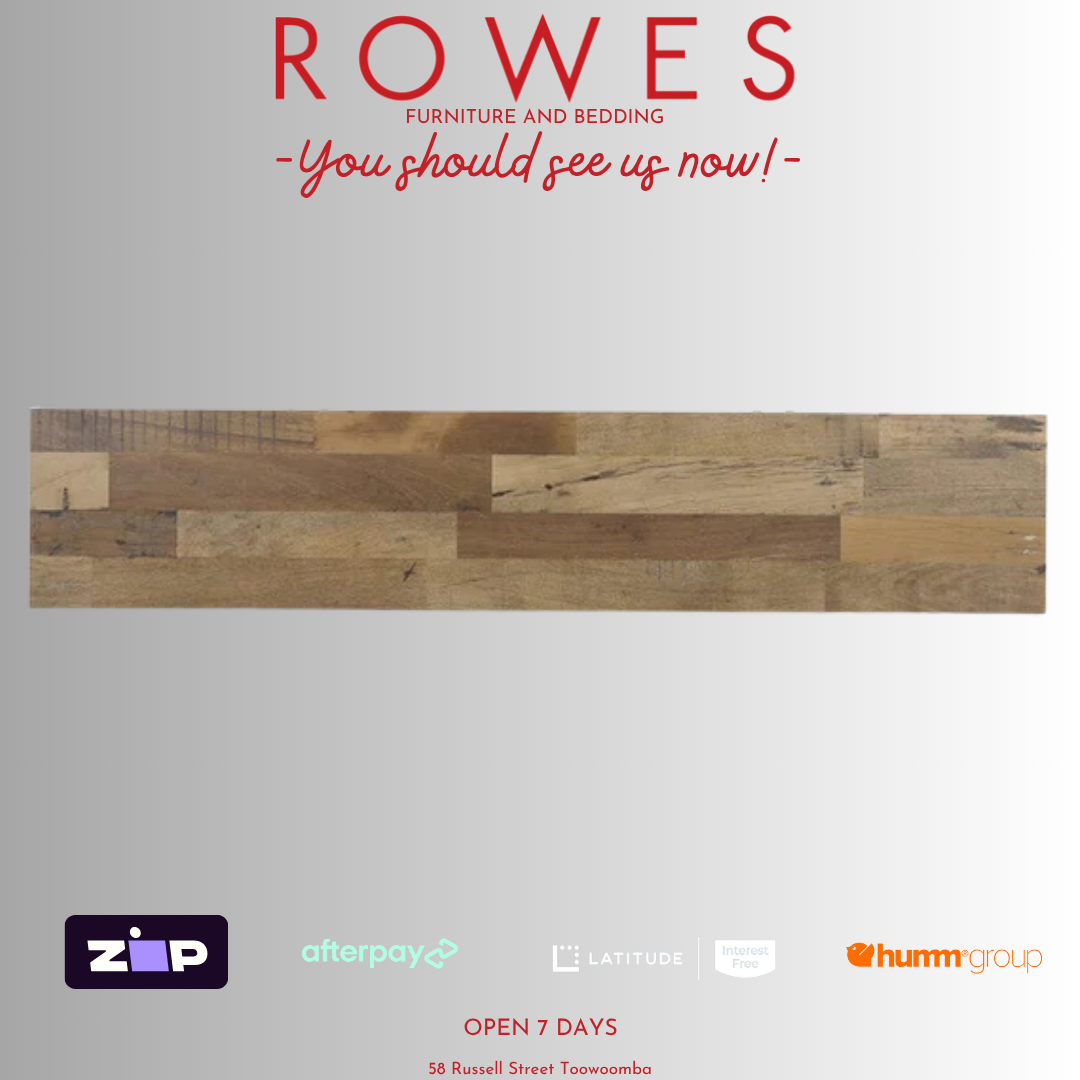Advertisement for Rowes Furniture and Bedding with a wooden floor sample and payment options.