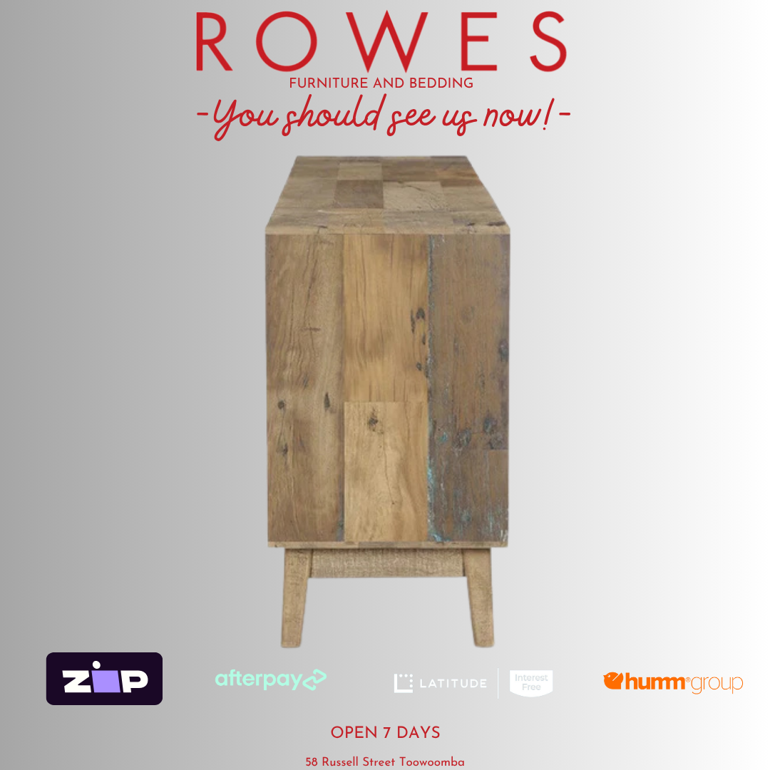 Wooden cabinet with 'Rowes Furniture and Bedding' text and logos on a gray background