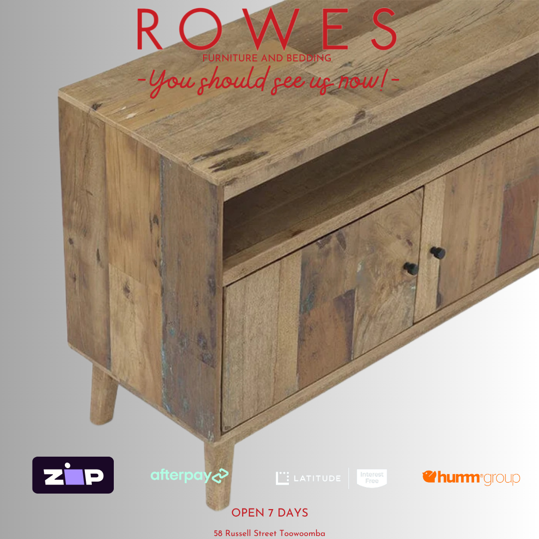 Wooden cabinet with 'Rowes' branding and payment options on a gray background