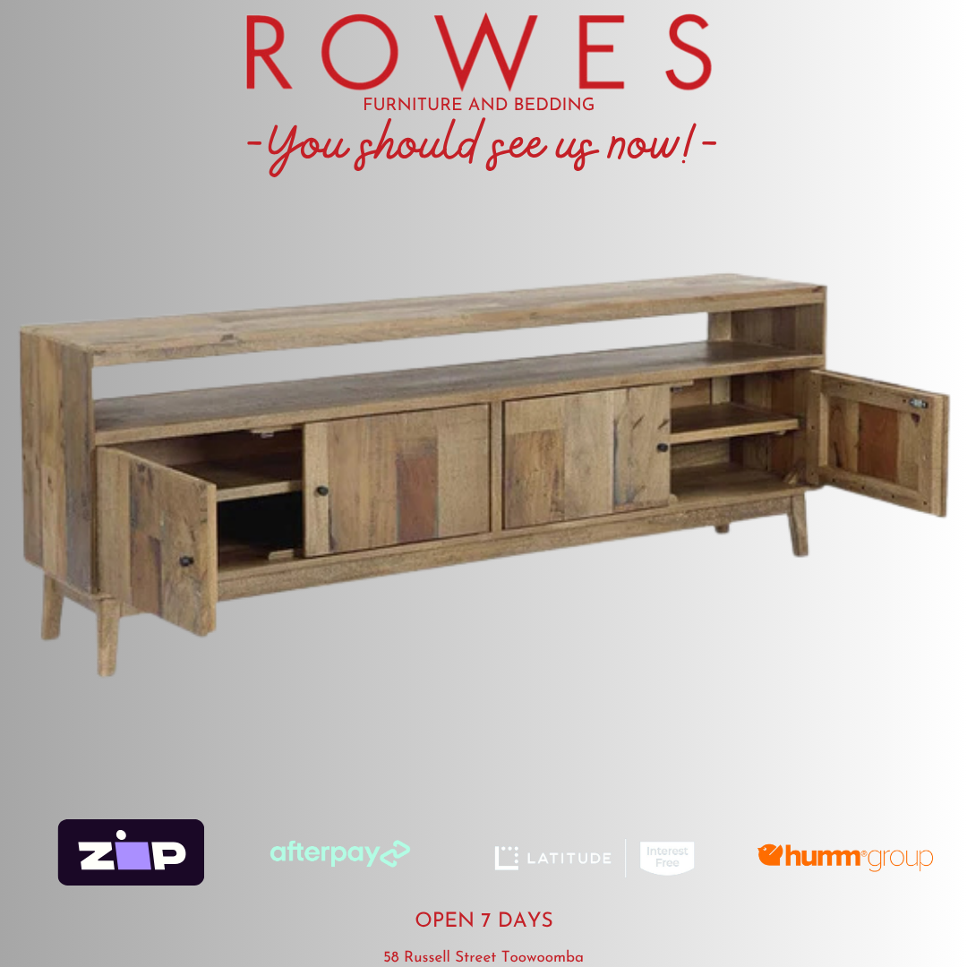 Wooden TV stand with open doors on a gray background, featuring the brand 'Rowes'.