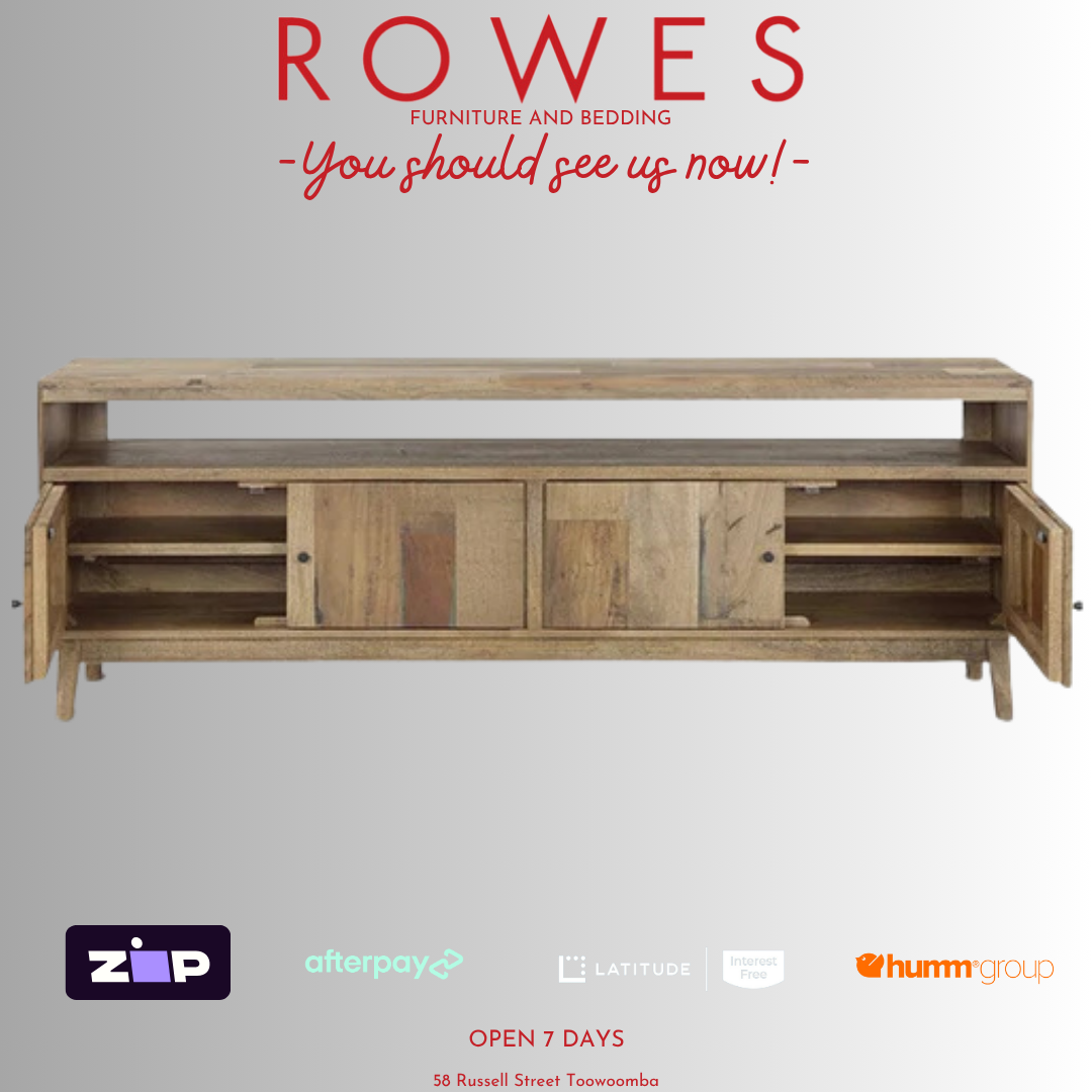 Wooden furniture piece with 'Rowes' branding and promotional text on a white background