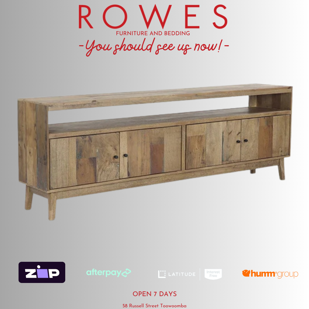 Wooden TV stand with 'Rowes Furniture and Bedding' advertisement on a white background