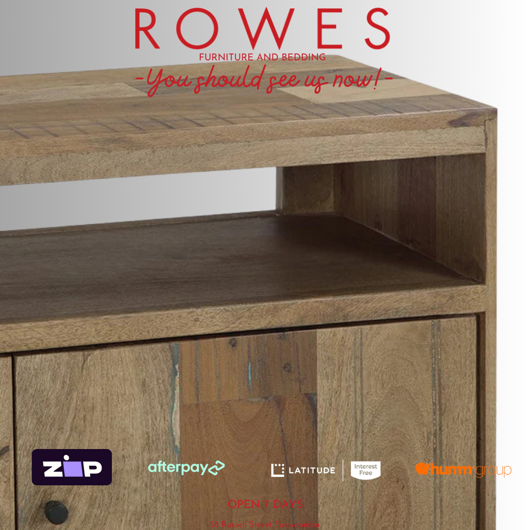 Wooden furniture piece with 'Rowes' branding and payment options displayed.