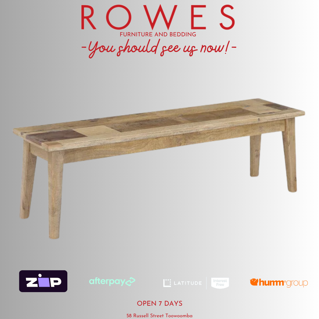 Wooden bench with 'Rowes Furniture and Bedding' advertisement on a gray background