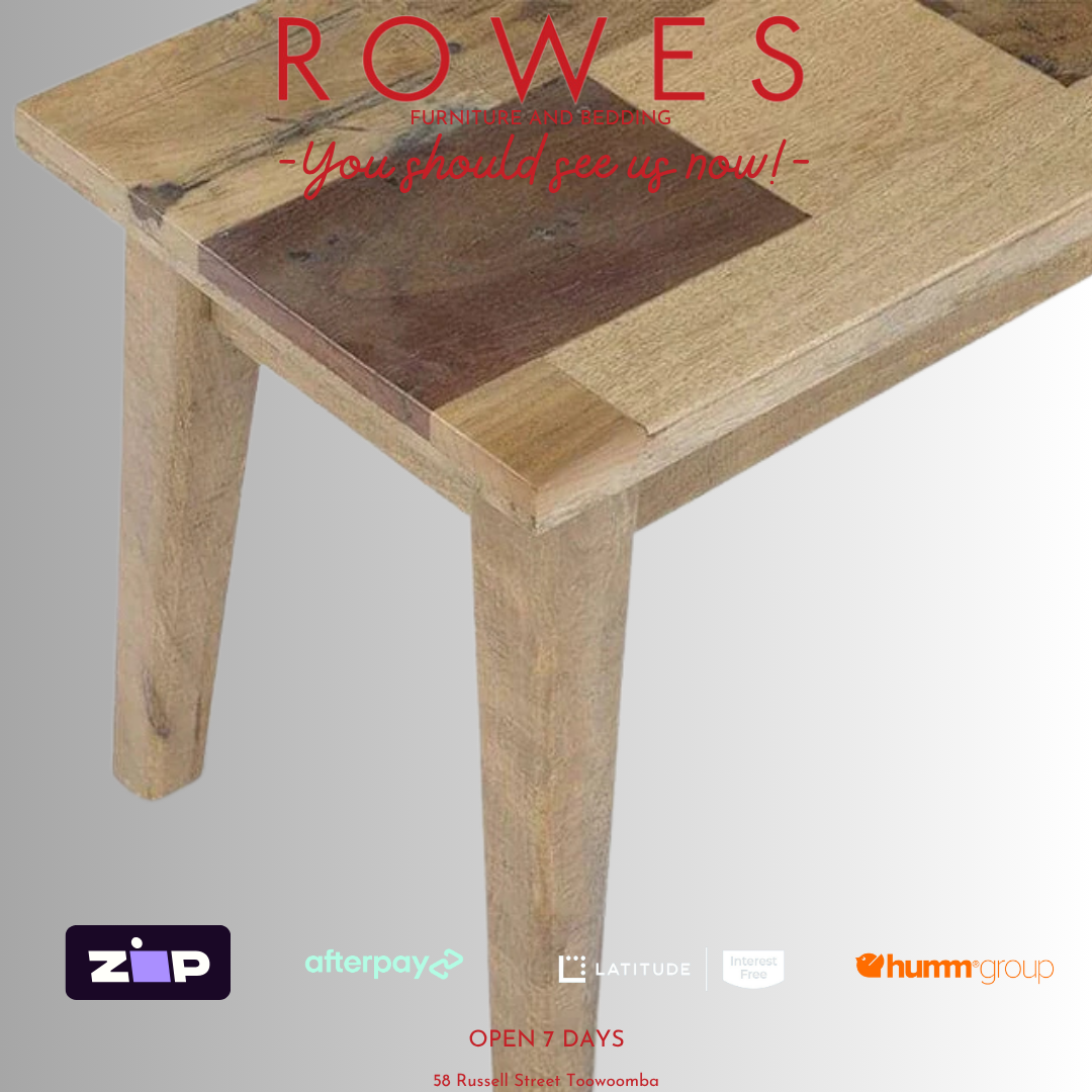 Wooden table with 'Rowes' branding and payment options on a gray background