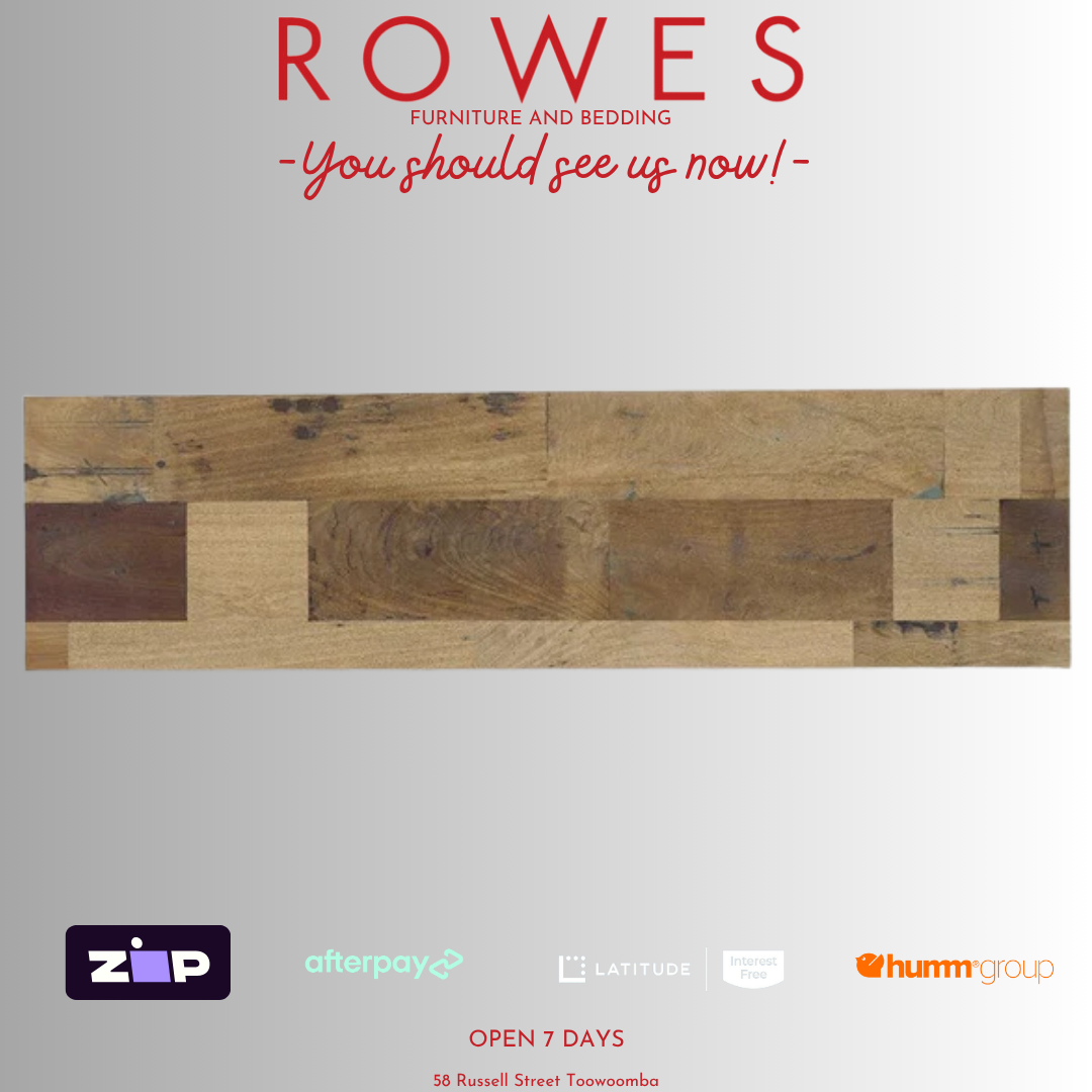 Wooden flooring sample with 'Rowes' branding and payment options on a gray background