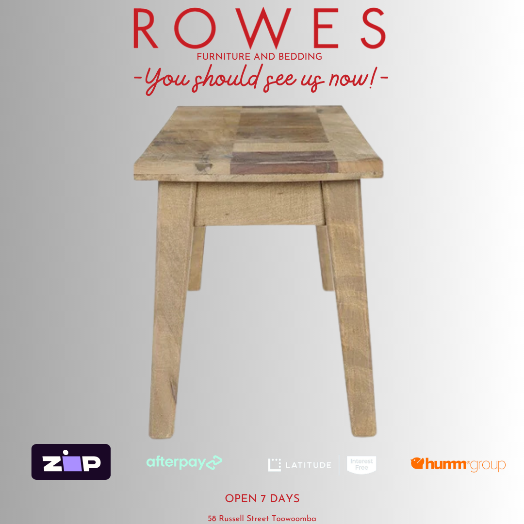 Wooden stool with 'Rowes Furniture and Bedding' text and payment logos on a gray background