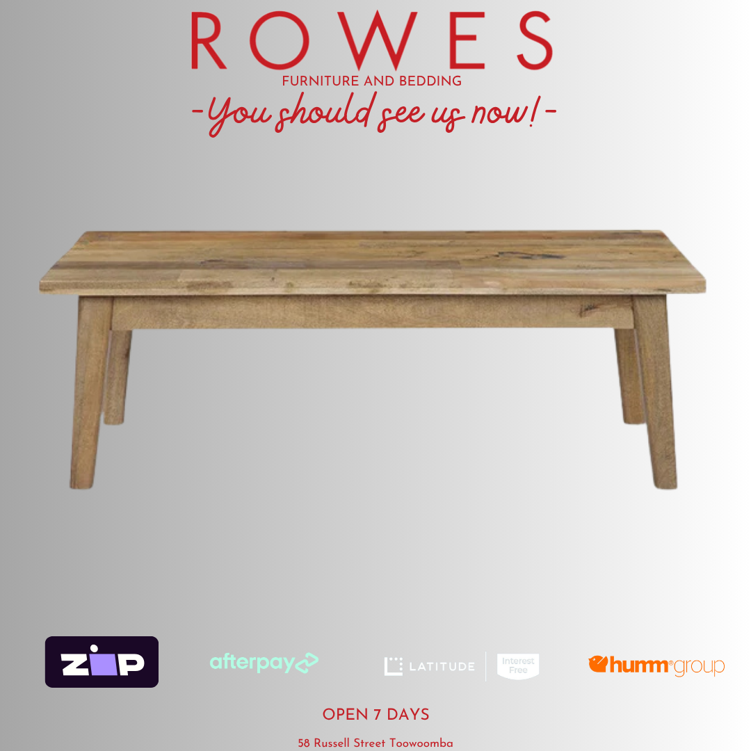Wooden table on a gray background with 'Rowes Furniture and Bedding' text and logos.
