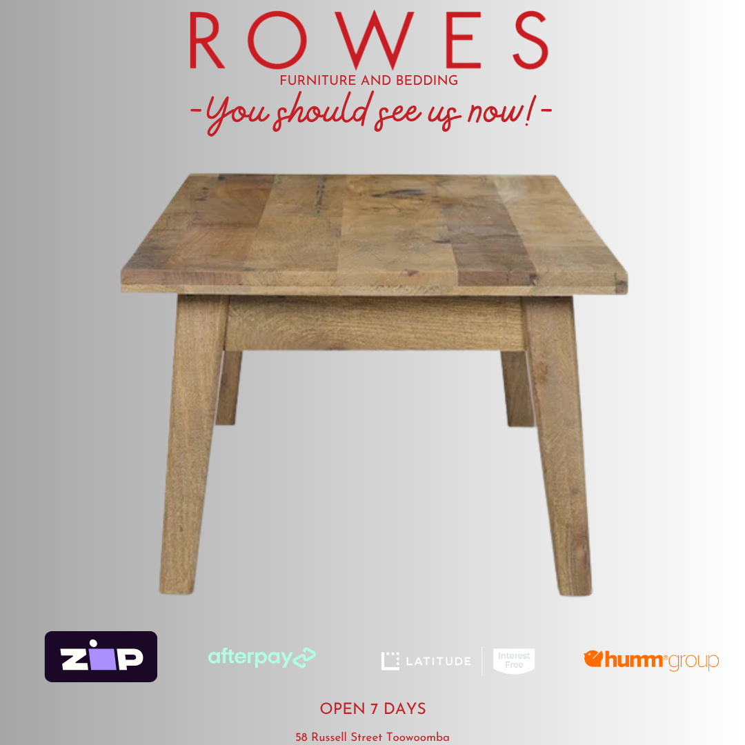 Wooden table on a gray background with 'Rowes' branding and payment options.