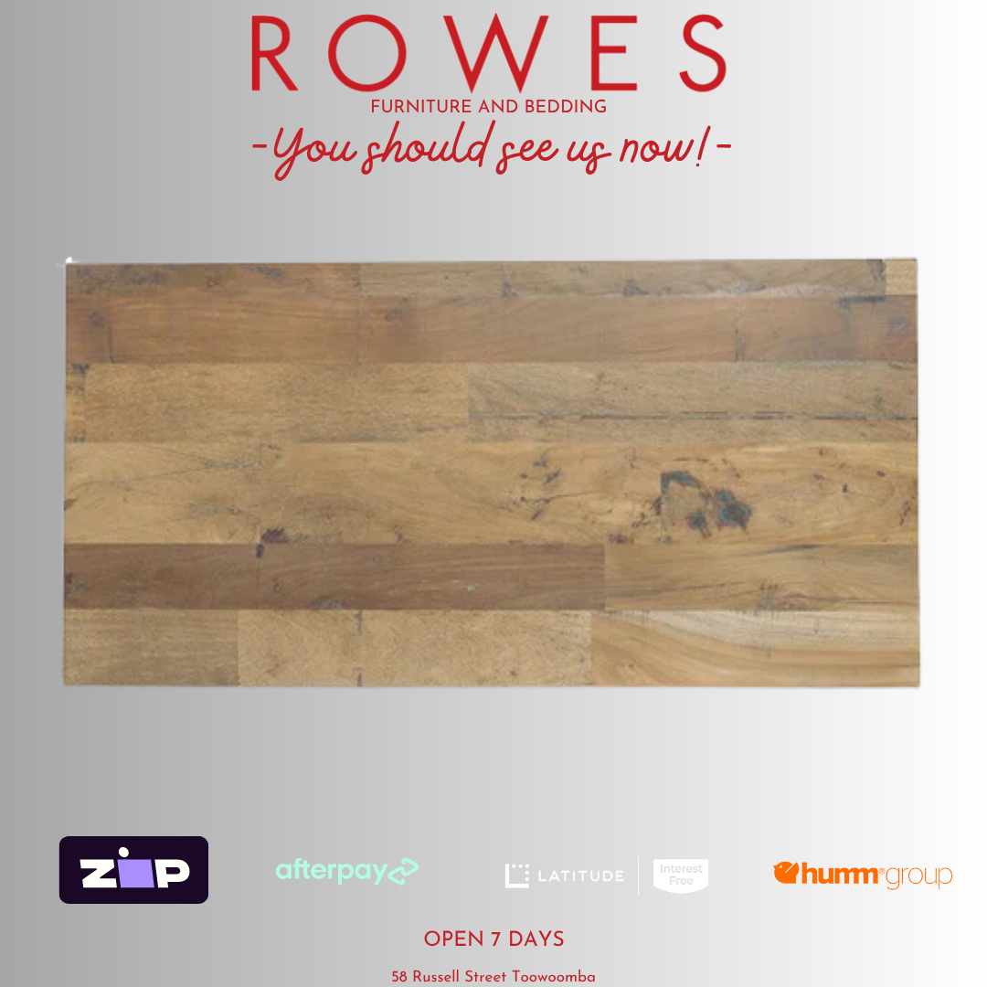 Wooden table top with 'Rowes Furniture and Bedding' text and payment logos on a gray background