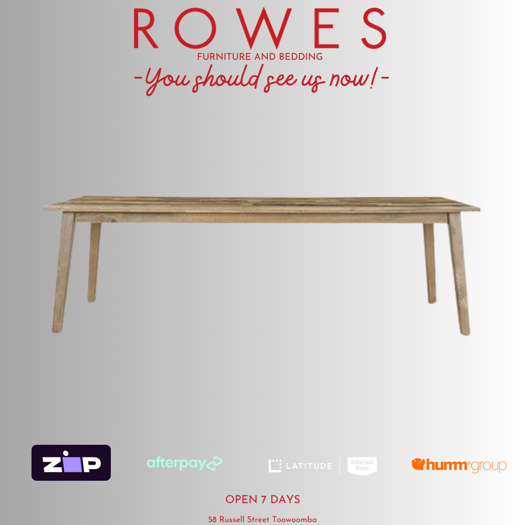 Wooden table on a gray background with 'Rowes' branding and payment options.