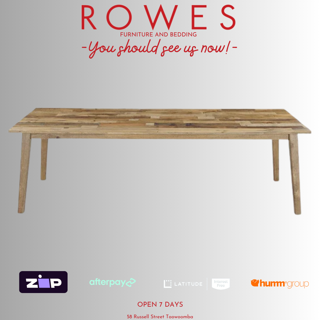 Wooden table on a gray background with 'Rowes' branding and payment options.
