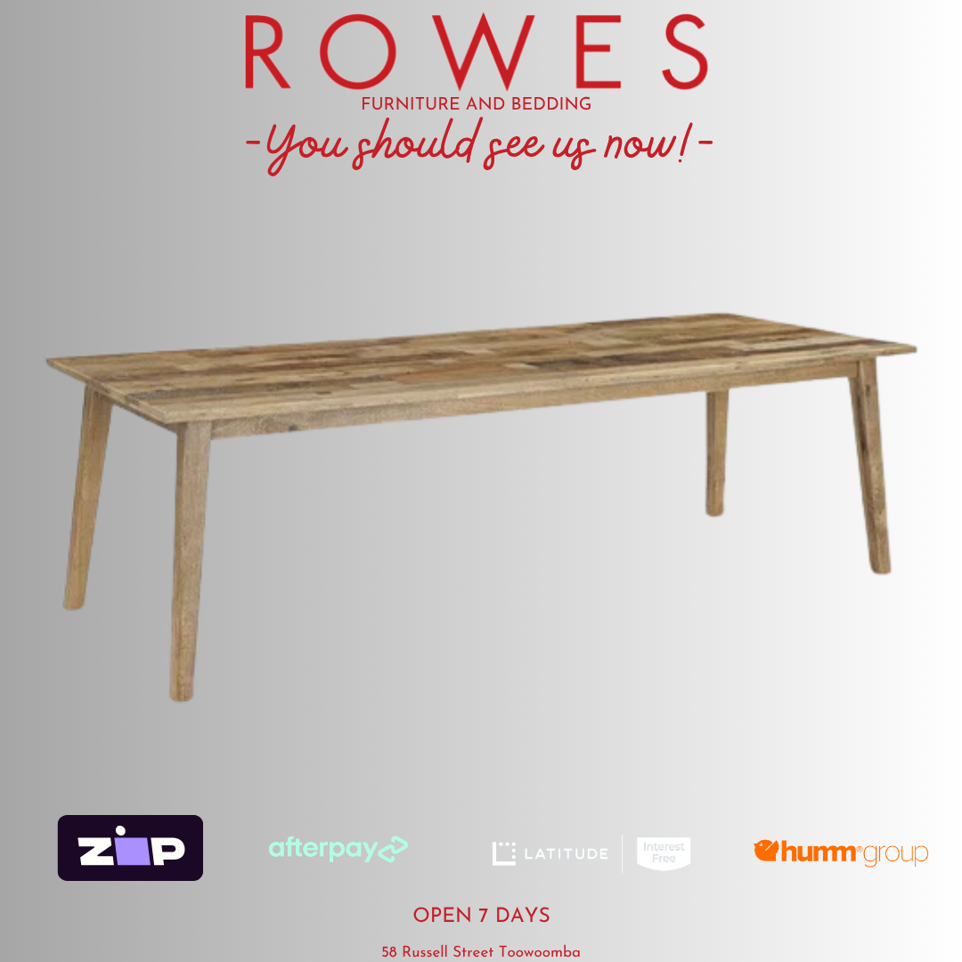 Wooden table on a gray background with 'Rowes' branding and payment options.