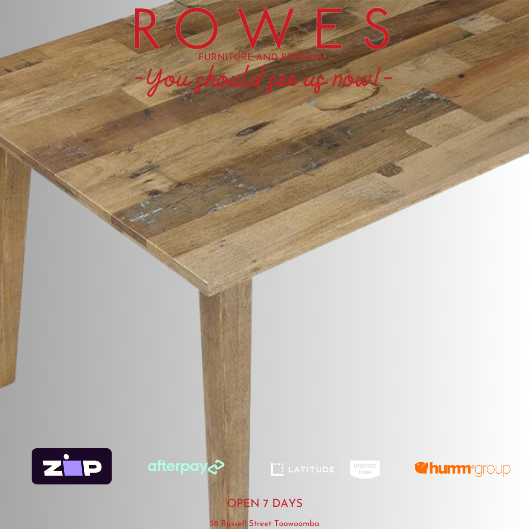 Wooden table with 'Rowes' branding and payment options on a gray background