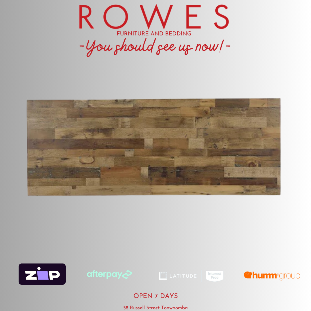 Wooden table top with 'Rowes' branding and payment options on a gray background