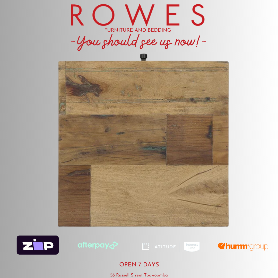 Wooden top with 'Rowes Furniture and Bedding' advertisement on a gray background