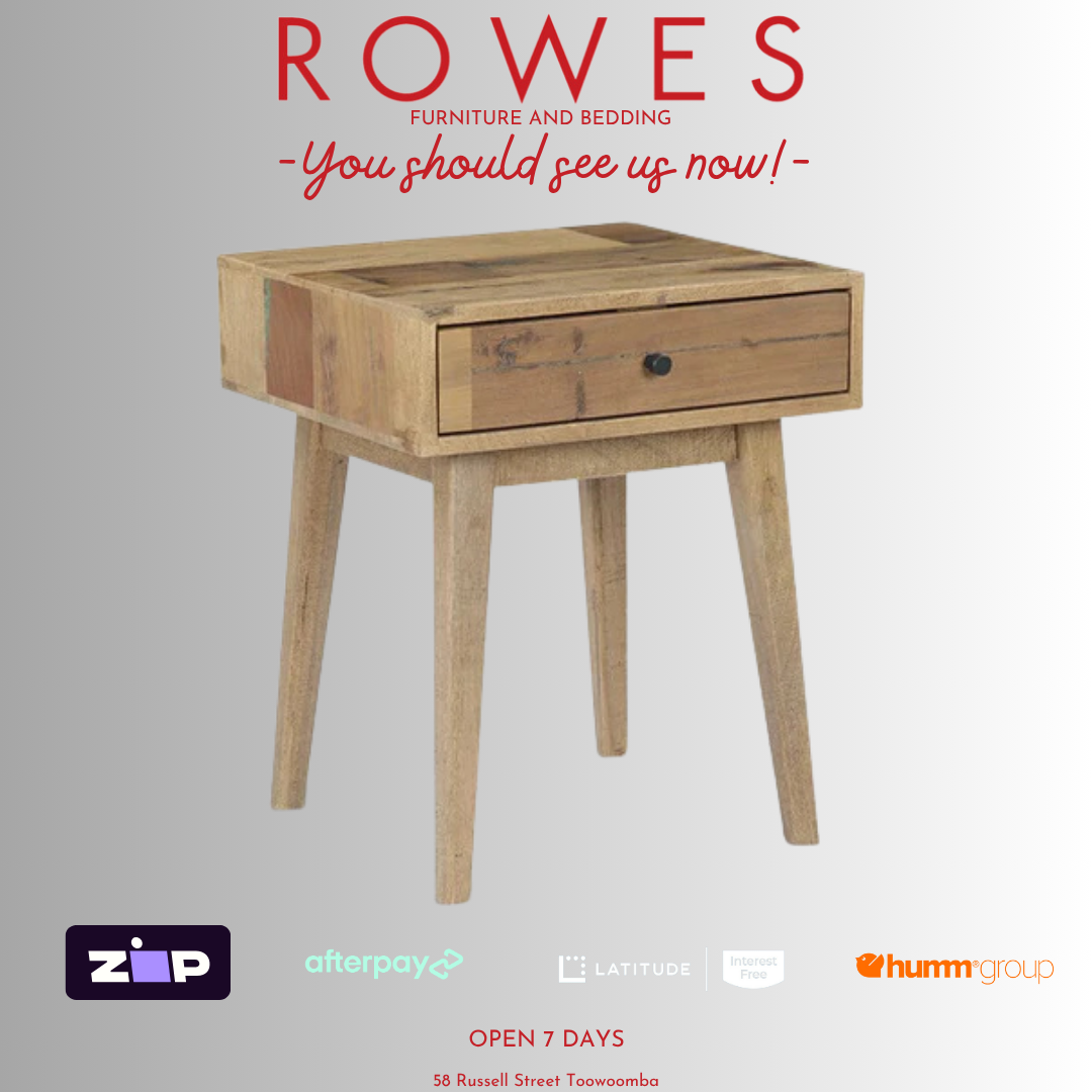 Wooden side table with a drawer on a gray background, featuring the brand 'Rowes'.