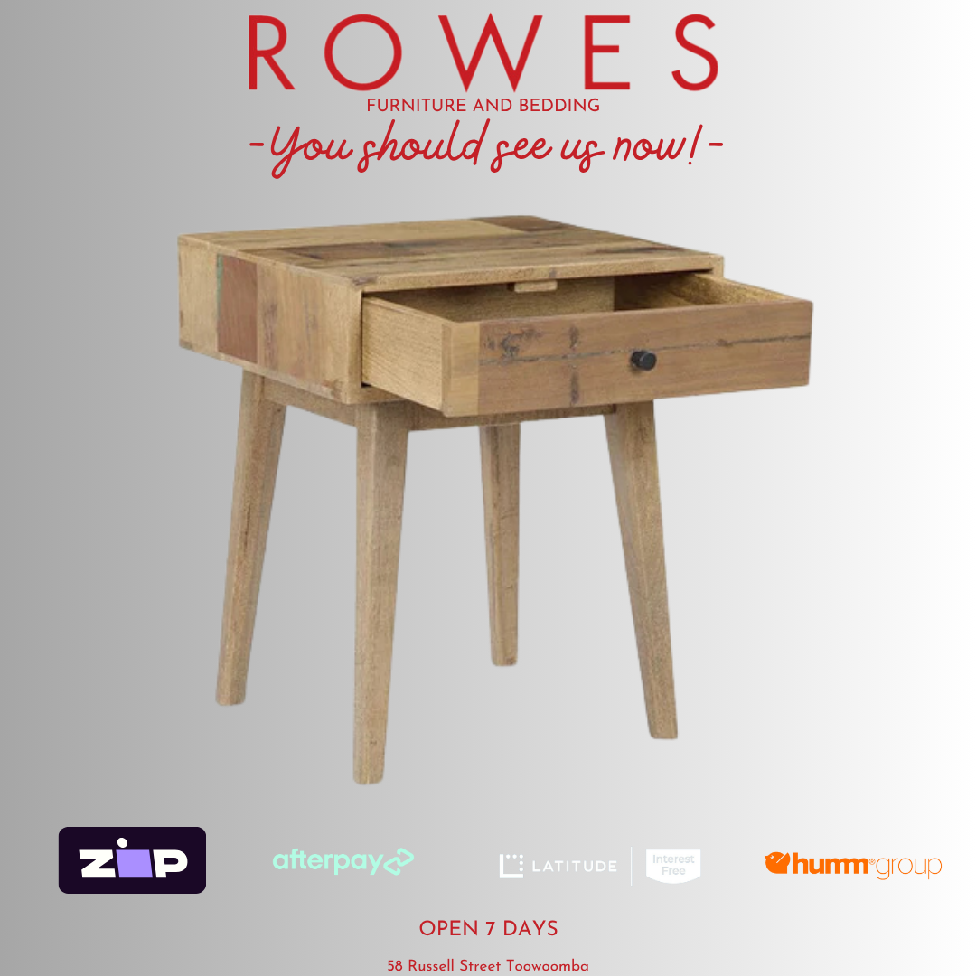 Wooden side table with an open drawer on a gray background, featuring the brand 'Rowes'.