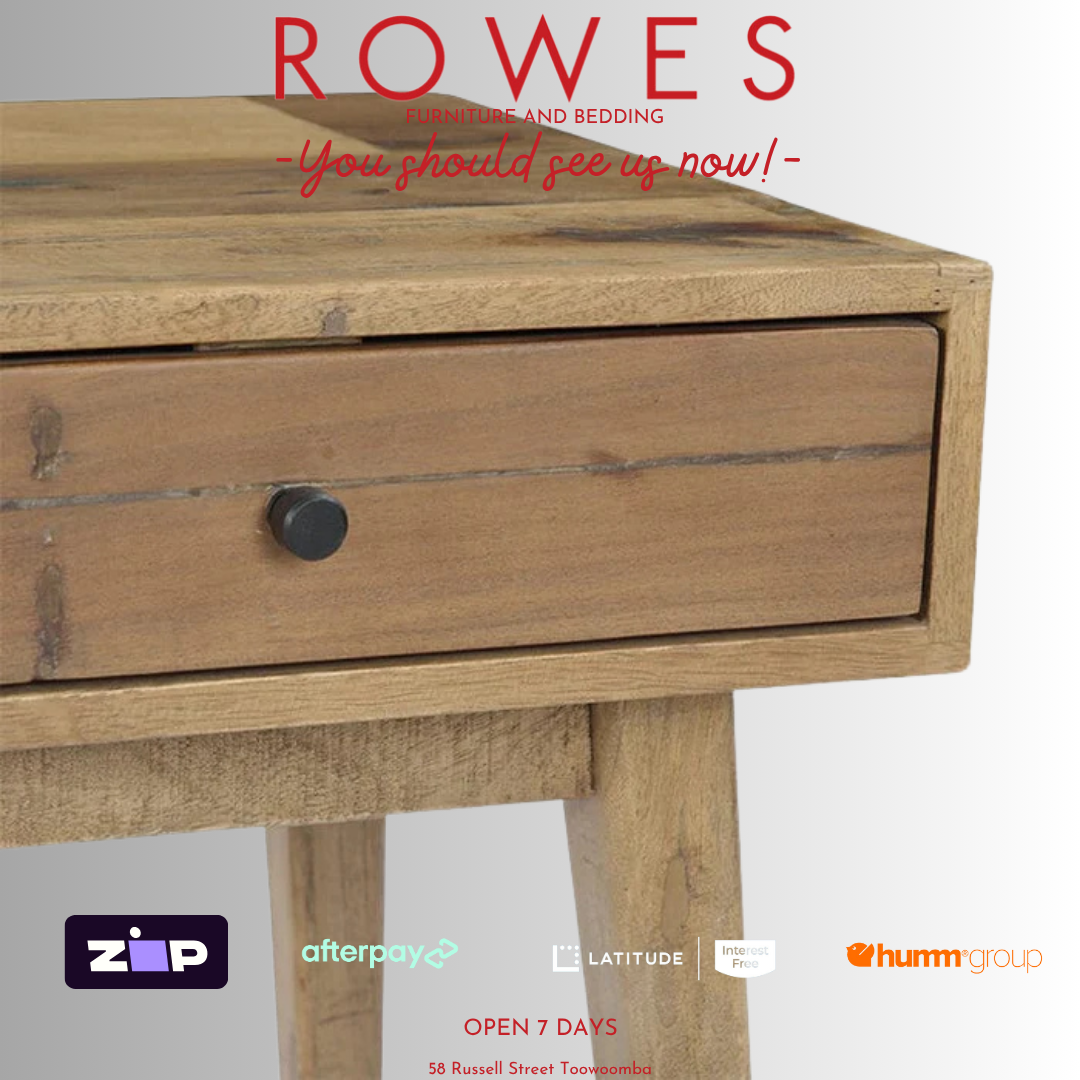 Wooden nightstand with a drawer on a white background, featuring the brand 'Rowes'.
