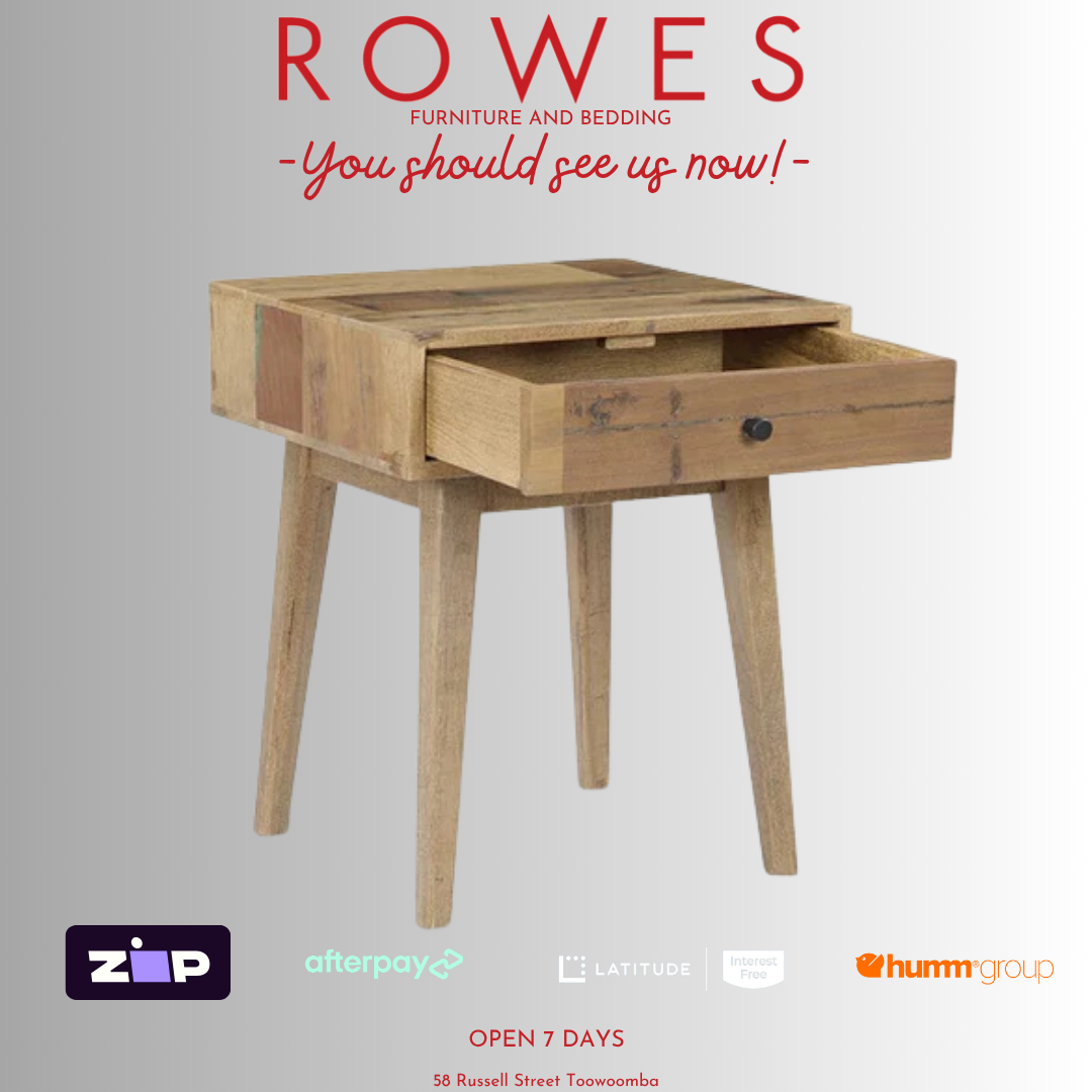 Wooden side table with open drawer on a gray background, featuring 'Rowes' furniture and bedding brand.