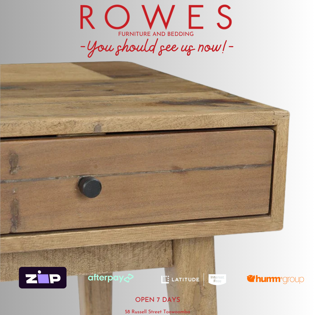 Wooden desk with a drawer on a white background, featuring promotional text and logos.